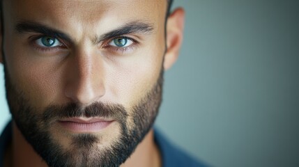 Obraz premium A Striking CloseUp Portrait of an Exceptionally Handsome Man Featuring Stunning Blue Eyes and a Full Beard