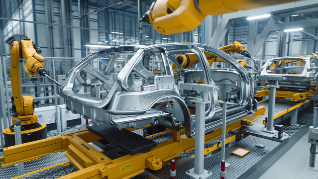Autonomous Factory with Robotic Arms Autonomously Assembling Car Frames At the Factory. Artificial Intelligence, Precision Production, and Manufacturing of Sustainable, Green Energy Electric Vehicles