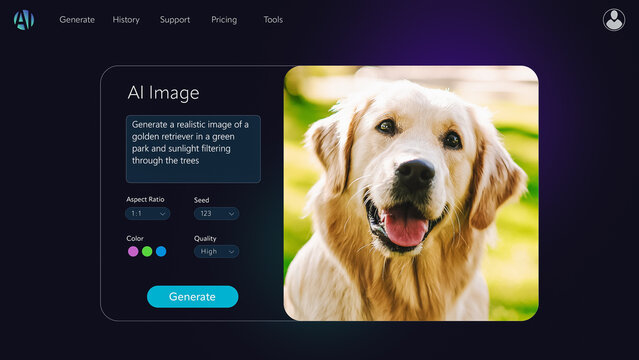 Concept of AI Chatbot Interface Generate a Detailed 3D Model of a Cute Picture of Golden Retriever Dog. Design for Product Visualization, Production. AI Ecommerce Creative Digital Design for eCommerce