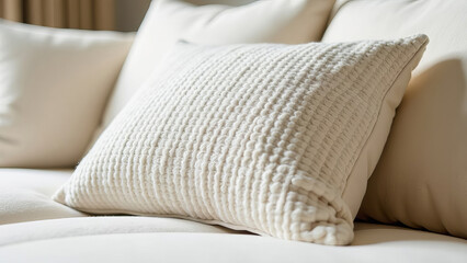 A sofa cushion made of textured light boucle fabric, against a background of other simple light pillows.