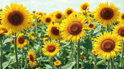 Obraz premium Beautifully painted sunflower field with tall stems and lush green foliage and bright yellow flowers, floral photography, flower painting