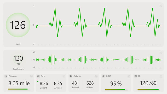 Interactive Interface Mockup Displaying Real-time Heart Rate, Blood Pressure, Distance, Pace, Calories Burned, and Spo2 Levels. Health Monitoring, Fitness, and Medical Technology Demonstrations.