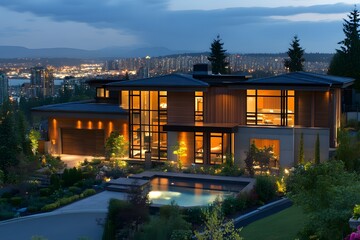 Fototapeta premium modern luxury house with glass architecture, elegant design, evening cityscape, infinity pool, and skyline view