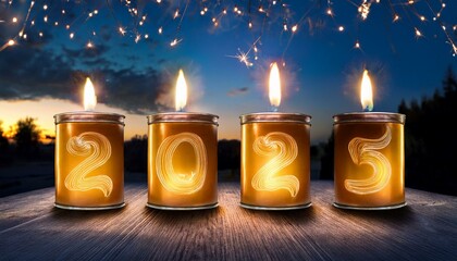 lightning burning candles in cans for a happy new year 2025 in the evening
