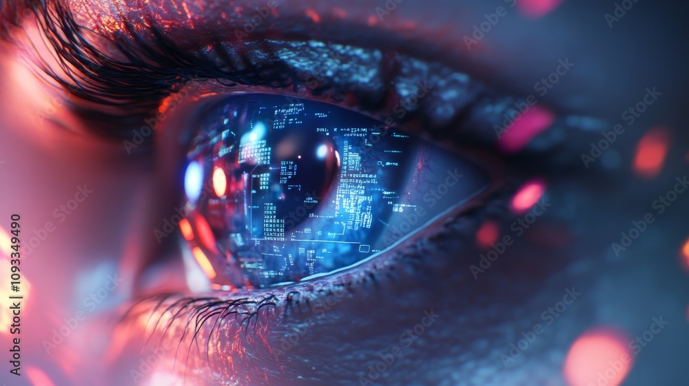 Poster futuristic eye concept with a unique digital interface and intricate neural patterns for a creative 