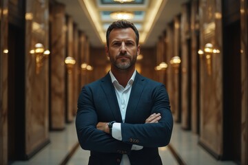 Fototapeta premium A confident businessman stands in a luxurious corridor with arms crossed.