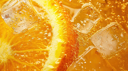 Close up photo of refreshing orange juice with ice cubes and bubbles. vibrant color and texture create thirst quenching appeal, perfect for summer