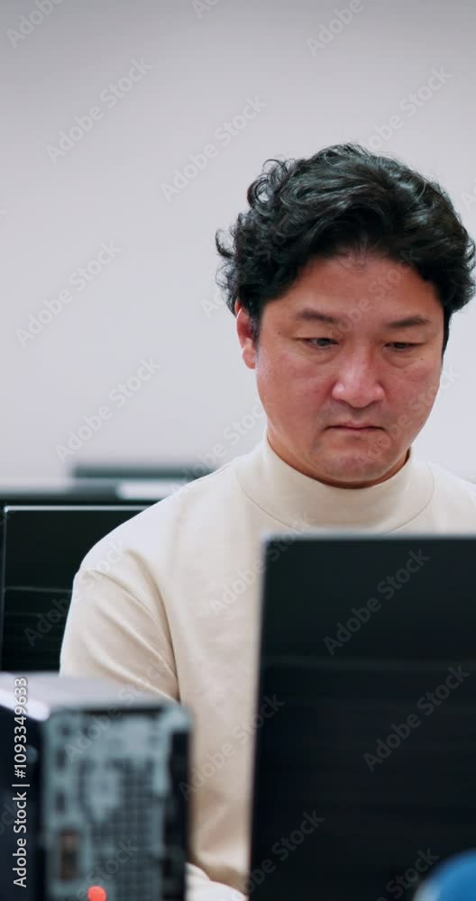 Poster computer, planning and business with japanese man in office for project, communication and email. we