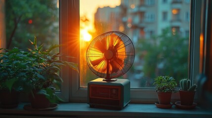A cozy window scene with a fan, plants, and a sunset backdrop.