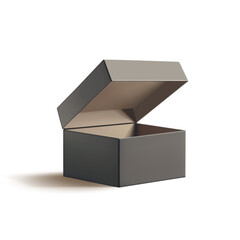 Realistic open dark box with lid, 3D. For concepts of packaging goods and products. Advertising and branding. Vector illustration.
