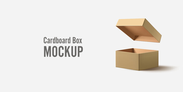 3D paper open box with lid. Realistic box, parcel for design concepts of packaging products and goods. Mockup. Vector illustration.
