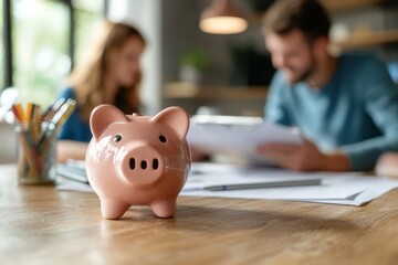 A couple engaged in a detailed discussion about finances, with a piggy bank prominently in focus during the talk