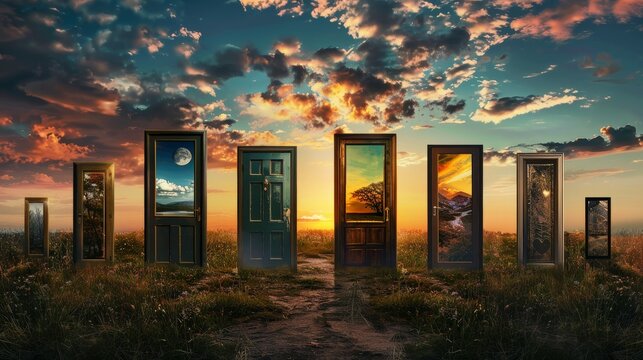 A series of doorways leading to diverse landscapes and destinations, each representing a different aspect of the journey towards inclusivity and equity