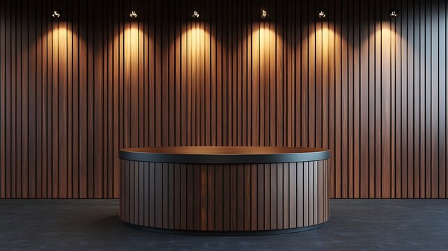 A sturdy podium with a deep, dark base and a stylish wood-grained tabletop, gently illuminated by soft lighting