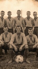 Historic Soccer Team Portrait from the Early 1900s Capturing Players in Vintage Uniforms with a Classic Football