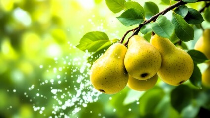 Vibrant young pear fruits hanging on a branch, surrounded by dewy green leaves, highlighted by a dynamic water splash. Captured in a conceptual stock photography style