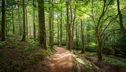 Obraz premium 푸른 숲속을 따라 이어진 산책, 트레일 코스