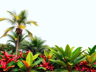 Fototapeta premium Palm Trees and Monstera Leaves in a Colorful Exotic Garden, monstera, verdant environment, botanical illustration