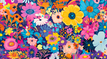 Obraz premium A whimsical floral pattern with bright colors and playful shapes. Vivid Floral Patterns. Illustration
