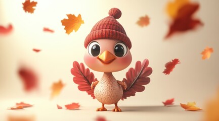 Adorable cartoon turkey wearing a charming knitted hat surrounded by colorful autumn leaves, capturing a joyful and whimsical fall scene perfect for seasonal holiday themes