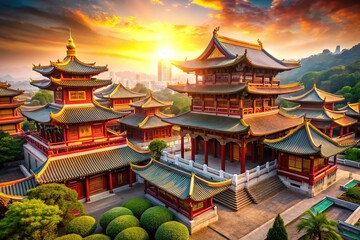 Fototapeta premium Blue skies shimmer, a bokeh-filtered halo around the serene temple.
