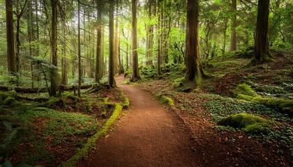 Fototapeta premium 푸른 숲속을 따라 이어진 산책, 트레일 코스