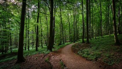 Fototapeta premium 푸른 숲속을 따라 이어진 산책, 트레일 코스