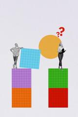 Vertical photo collage of two happy business partners girl old man question mark dilemma idea...
