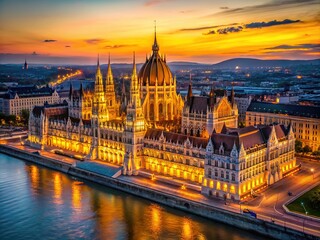 Fototapeta premium Budapest's Parliament, a masterpiece of architecture, shines on the Danube by night.