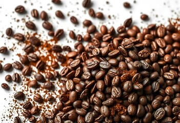 Obraz premium Pile of powdered, instant coffee and beans isolated on white background