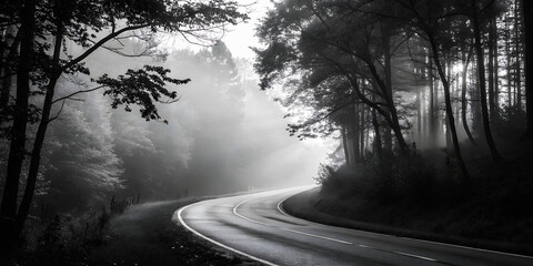 Misty Forest Road: A winding road disappears into a mystical fog-laden forest in a captivating black and white photograph. The scene evokes a sense of mystery and adventure. 