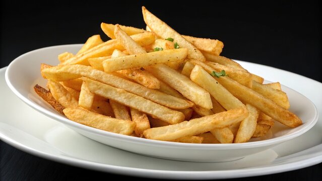 Crisp cajun french fries arranged in a neat pile on a white plate, motivation, meal prep, wellness, neat arrangement
