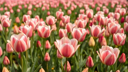 Obraz premium A field of pink and white tulips in full bloom. Beautiful spring flowers.