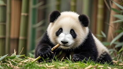 Fototapeta premium Adorable baby panda eating bamboo in a lush green bamboo forest.