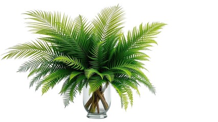 Fototapeta premium Richly detailed foliage of palm and ferns in a sleek glass vase isolated against a pure white background, houseplants, dense foliage