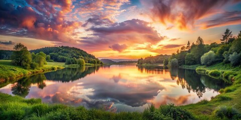 Naklejka premium Romantic Sunset Over a Serene Lake with Heart-Shaped Clouds for Valentine's Day Celebrations and Love Stories in Nature's Embrace