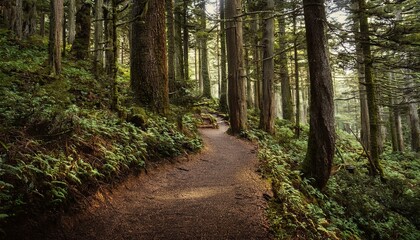Fototapeta premium 푸른 숲속을 따라 이어진 산책, 트레일 코스
