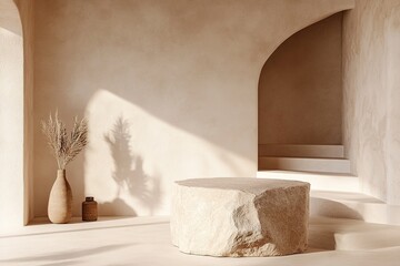 Sunlit minimalist interior with arches, shadows, and decor.