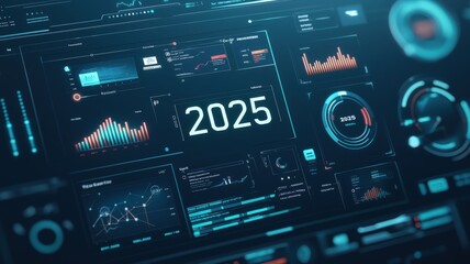Goal setting and planning in 2025 concept. Sleek futuristic dashboard image representing 2025 strategy and performance metrics.