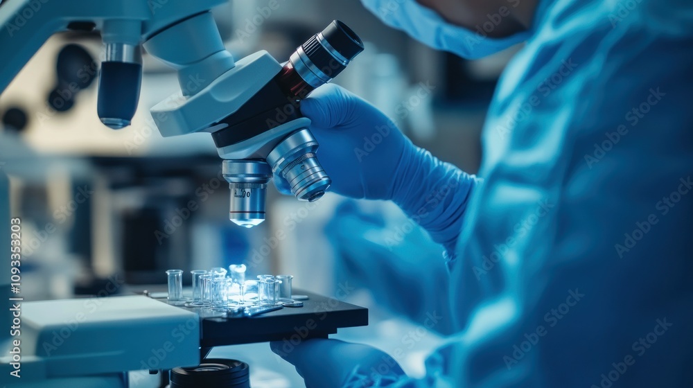 Poster A scientist adjusting a microscope in a laboratory setting.