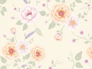 Delicate floral wallpaper with intricate flower designs in shades of peach, lavender and mint, set against a subtle background of leafy greens, greenery, nature-inspired