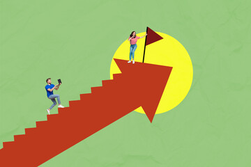 Composite photo collage of two happy business girl guy climb career ladder flag surf laptop success...