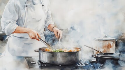 Gentle Watercolor of a Chef Boiling Vegetables in a Kitchen, Capturing the Art of Cooking and Culinary Passion with a Soft and Inviting Vibe