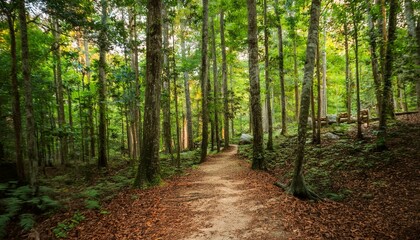 Fototapeta premium 푸른 숲속을 따라 이어진 산책, 트레일 코스