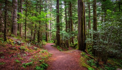 Fototapeta premium 푸른 숲속을 따라 이어진 산책, 트레일 코스