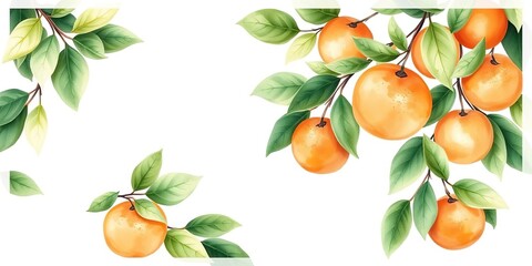 Delicate watercolor oranges and green leaves in a simple yet elegant white frame, design, frame