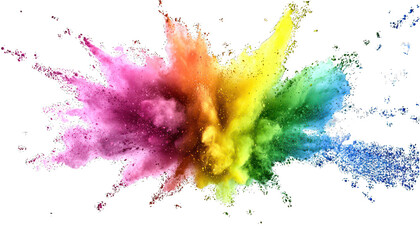A vibrant explosion of colorful powder particles dispersing on a crisp white background.