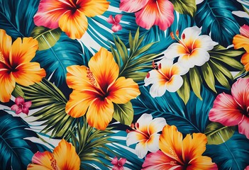 Seamless hand drawn tropical pattern with bright hibiscus flowers and exotic palm leaves on dark background.