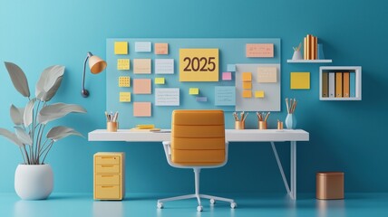 Goal setting and planning in 2025 concept. Vision board for 2025 featuring vibrant sticky notes and inspiration.