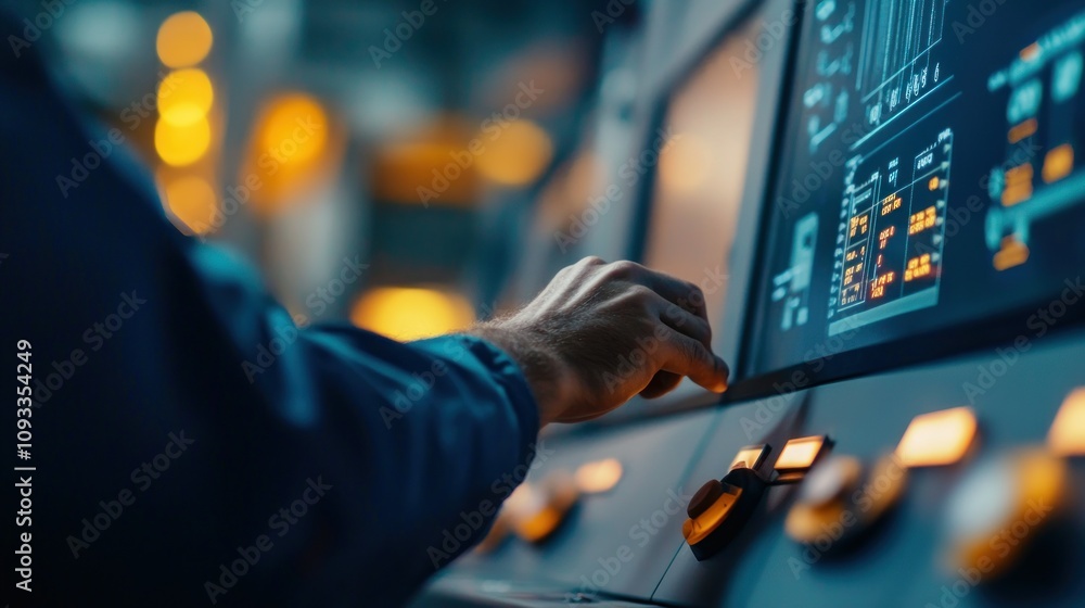 Poster Close-up of a Hand Interacting with a Control Panel in an Industrial Setting